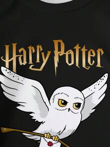 HARRY POTTER X SHEIN Baby Boy Casual Everyday Commute Hedwig Owl Letter Graphic Short Sleeve Black T-Shirt, Summer - White - View 4