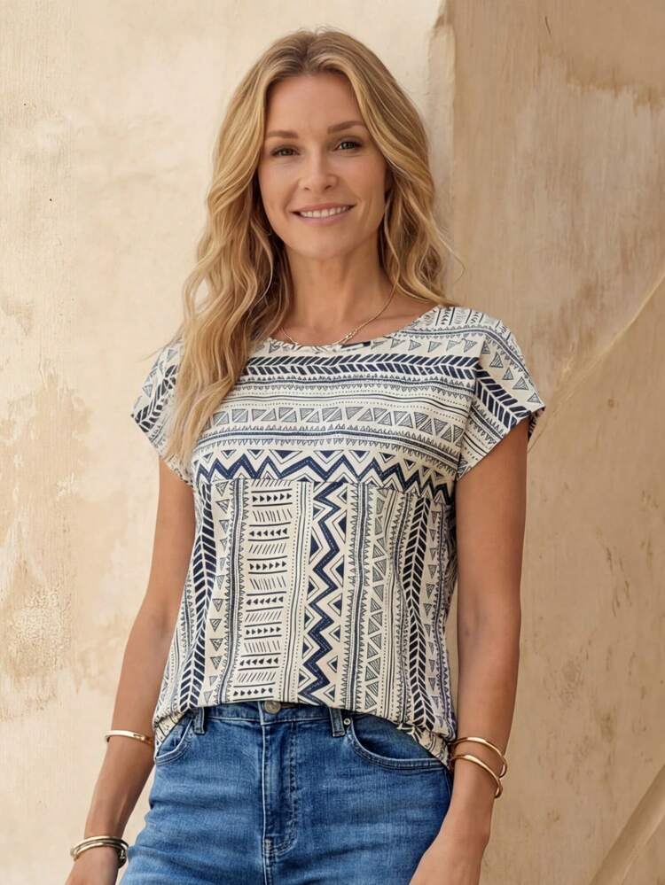 Women's Casual Geometric Print Batwing Sleeve Blouse