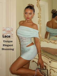 Glamine Charm Đầm dệt kim phối ren, đầm trễ vai xếp ly, đầm ôm sát dệt kim phối ren màu xanh lá cây. - màu xanh lá - Xem 2