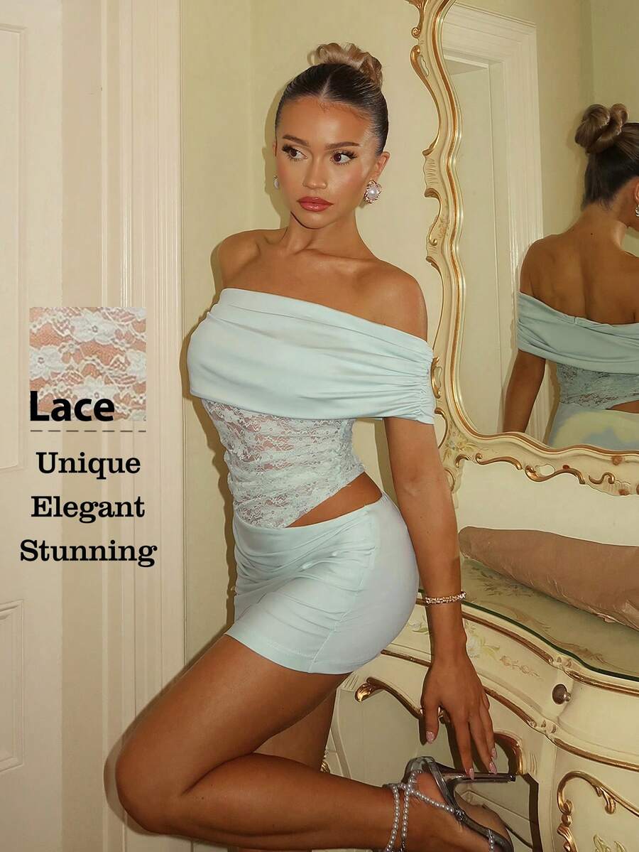 Glamine Charm Đầm dệt kim phối ren, đầm trễ vai xếp ly, đầm ôm sát dệt kim phối ren màu xanh lá cây.