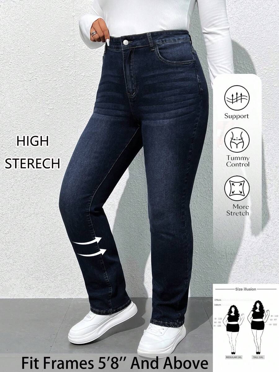 SHEIN Tall CURVE 大码休闲弹力水洗斜插口袋修身牛仔裤 - 深色水洗藍 - 查看 1