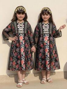 SHEIN جلابياتjalabiya Tween Girl Long Sleeve Dress With Mesh Overlay Jacket Girls Long Sleeve Prairie Maxi Dress Modest Dress For Girls - Black - View 2