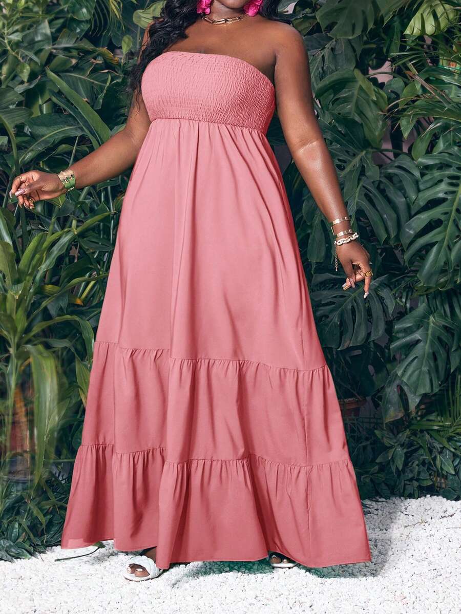 Slaydiva Slayr Vacation Casual Solid Green Woven Tube Top Plus Size Summer Dress For Women Vacation Maxi Dress Long Dress Summer Layered Maxi Dress Pink Dress Plus Size Dress Strapless Dress Women's Dresses - 粉色 - 查看 1