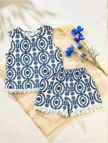 SHEIN 2pcs/Set Girls Pattern Short Sleeve Top And Shorts Set, Casual And Chic With Ruffle Trim, Spring/Summer - Blue - View 4