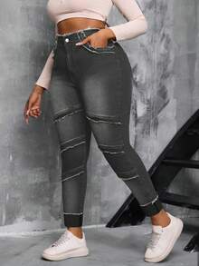 SHEIN SXY Plus Size Women Blue Denim High Waist Distressed Skinny Jeans - Dark Grey - View 5