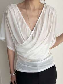 DAZY Women's Solid Color V-Neck Overlap Casual Versatile Commute Short Sleeve T-Shirt Summer - White - View 8
