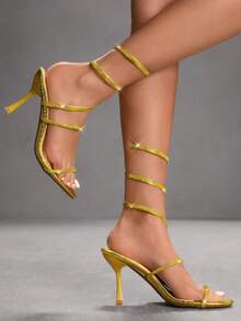 CUCCOO SZL Ladies New Sexy Serpentine Wrap Sparkling Rhinestones With Black Heels, Dinner Party Dress Stiletto Sandals Christmas Halloween Thanksgiving New Year Dress Valentine's Day - fluorescent yellow - View 2
