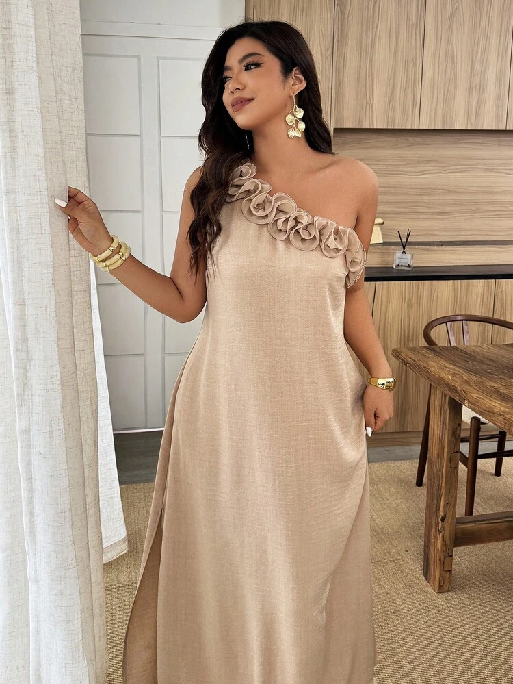 Weeklong Vestido maxi casual de vacaciones con decoración floral y hombro asimétrico para mujer de talla grande, primavera/verano - Caqui - Añade 5