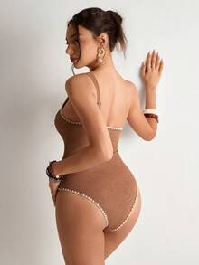 Freevana Bohemian Vintage One-Shoulder Swimsuit, Olive Green One-Piece With Contrast Trim, Fashionable Pool Style, New Women's One-Piece Swimwear - Olive Green - View 2