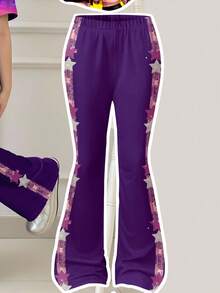 SHEIN 2pcs/Set Young Girl Casual Cartoon Pattern Round Neck Short Sleeve Top And Flare Pants Set, Suitable For Summer