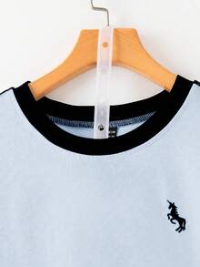 Everyssa 2pcs/Set Women's Fashion Round Neck Embroidered Print Contrast Trim T-Shirt, Casual Elastic Waist Embroidered Wide Leg Pants Set - Multicolor - View 5