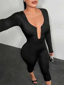 SHEIN SXY Black Sexy Long Sleeve Cropped Leg Jumpsuit, Black Jumpsuit , Sexy Jumpsuit ,Valentine's Day - Black - View 4