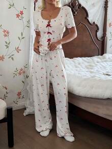 CottageSlumber Bộ đồ ngủ dệt kim ren in hình quả anh đào - Nhiều màu - Xem 5