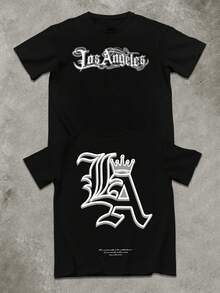 Manfinity LEGND Plus Size Men's Letter Print Round Neck Short Sleeve Casual Versatile T-Shirt Los Angeles T-Shirt - Black - View 2