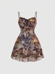 ROMWE Fairycore Country Plus Size Retro Y2K Hippie Vintage Butterfly Print Ruched Waist Mini Dress, Vacation - Multicolor - View 5