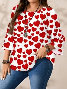 EMERY ROSE Plus Size Women Heart Print Casual Loose Fit 3/4 Sleeve Blouse, Suitable For Valentine's Day Spring - Multicolor - View 5