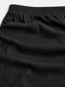 SHEIN 青少年女孩休閒黑色夏夜針織羅紋柔軟不對稱肩修身T恤與長裙兩件套，優雅度假穿搭 - 黑色 - 查看 5