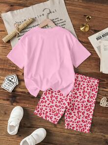 THE POWERPUFF GIRLS X SHEIN Tween Girls' Casual Fashionable Street Style Leopard Print Bow Cartoon Graphic Loose Fit T-Shirt And Shorts Set, Summer - White - View 2