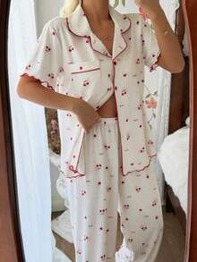 SHEIN Women's Casual Knit Jacquard Cherry Letter Print Short Sleeve Pajama Set - Multicolor - View 4
