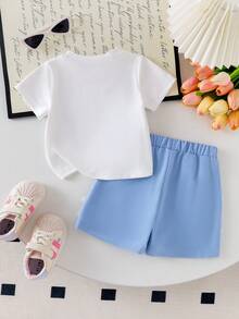 SHEIN Playful Pals Baby Girls' Cute Oversized Bow Print Short Sleeve Round Neck White Top Paired With Blue Shorts,Casual Minimalist Summer T-Shirt Set Vacation Outfits - White - View 2