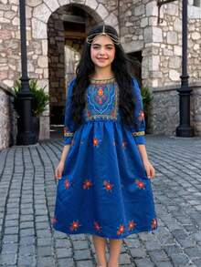 Girl's Blue Floral Retro Embroidered Mid-Length Dress,Autumn Elegant Wedding Guest Satin A-Line Gown With Puffed Sleeves And Gold Trim Decoration - Blue - View 5