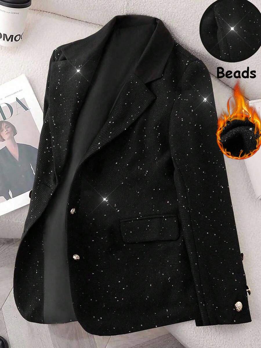 Franclia Going Out French Retro Fashion Commuting H-Shaped Professional Slim Temperament Sequined Black Suit Women's Autumn And Winter Single-Breasted Suit Jacket Party Dance Ladies Fashion Suit Jacket - Black - View 1