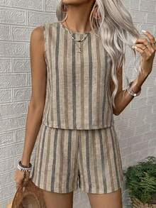 EMERY ROSE 女士休闲圆领无袖上衣和短裤套装 - 卡其色 - 查看 3