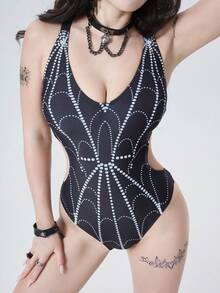 ROMWE Goth 2026春夏哥特吸血鬼角色扮演服装，女士连体泳衣，优雅浪漫哥特渐变扎染蜘蛛网印花，可调节交叉宽肩带，多色可选，黑色、白色，修身连体泳衣，2026春夏女装新款，适合新年、情人节、返校季、旅行季、户外活动、海滩、下午茶、派对、日常穿着、休闲、户外运动等场合，时尚百搭。 - 黑色 - 查看 11