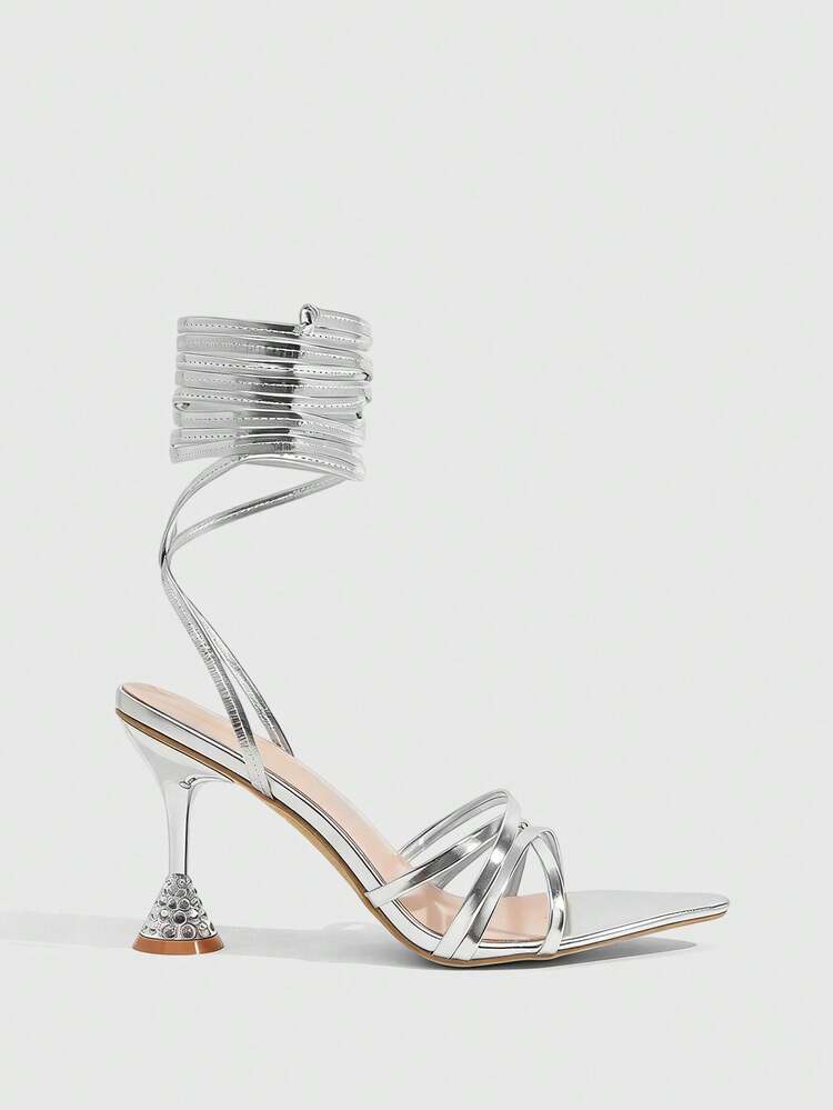 CUCCOO SZL Women Shoes Metal Texture Pointed High Heel Sandals Cross Strap Prom Heels