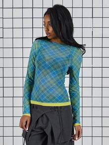 COUREZ 长袖格纹网纱上衣 / Y2K 冬季外出穿搭 性感外出穿搭 夜间外出穿搭 性感 - 淺藍色 - 查看 4