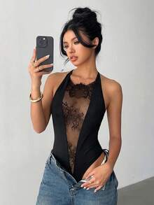 Aloruh Sexy Y2K Music Festival Party Lace Backless Sheer Sleeveless Bodysuit, Black - Black - View 1