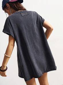 Bohemela Casual Solid Color Knit Round Neck Short Sleeve Loose Washed Women Mini Dress - Black - View 9