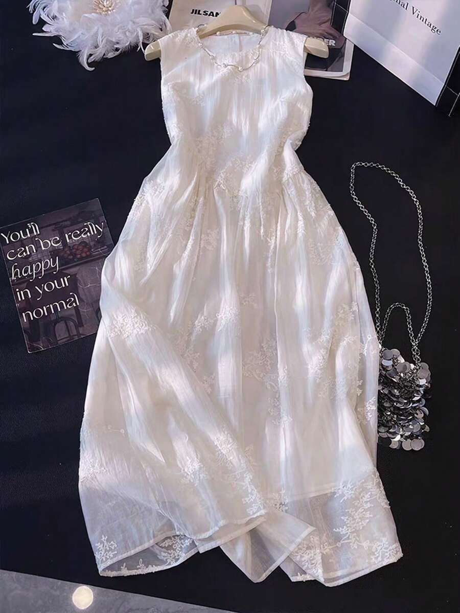 Lyxana Abito elegante da donna con collo rotondo, in Tencel, con vita arricciata e ricamo - Bianco - Visualizzare 1