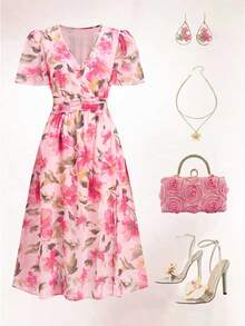 Ellevyn Women's Elegant Floral Print V-Neck Puff Sleeve Ruched Waist Vacation Dress - Baby Pink - View 1