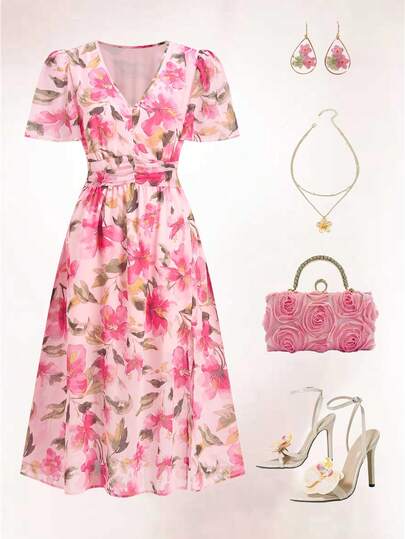 Ellevyn Women's Elegant Floral Print V-Neck Puff Sleeve Ruched Waist Vacation Dress