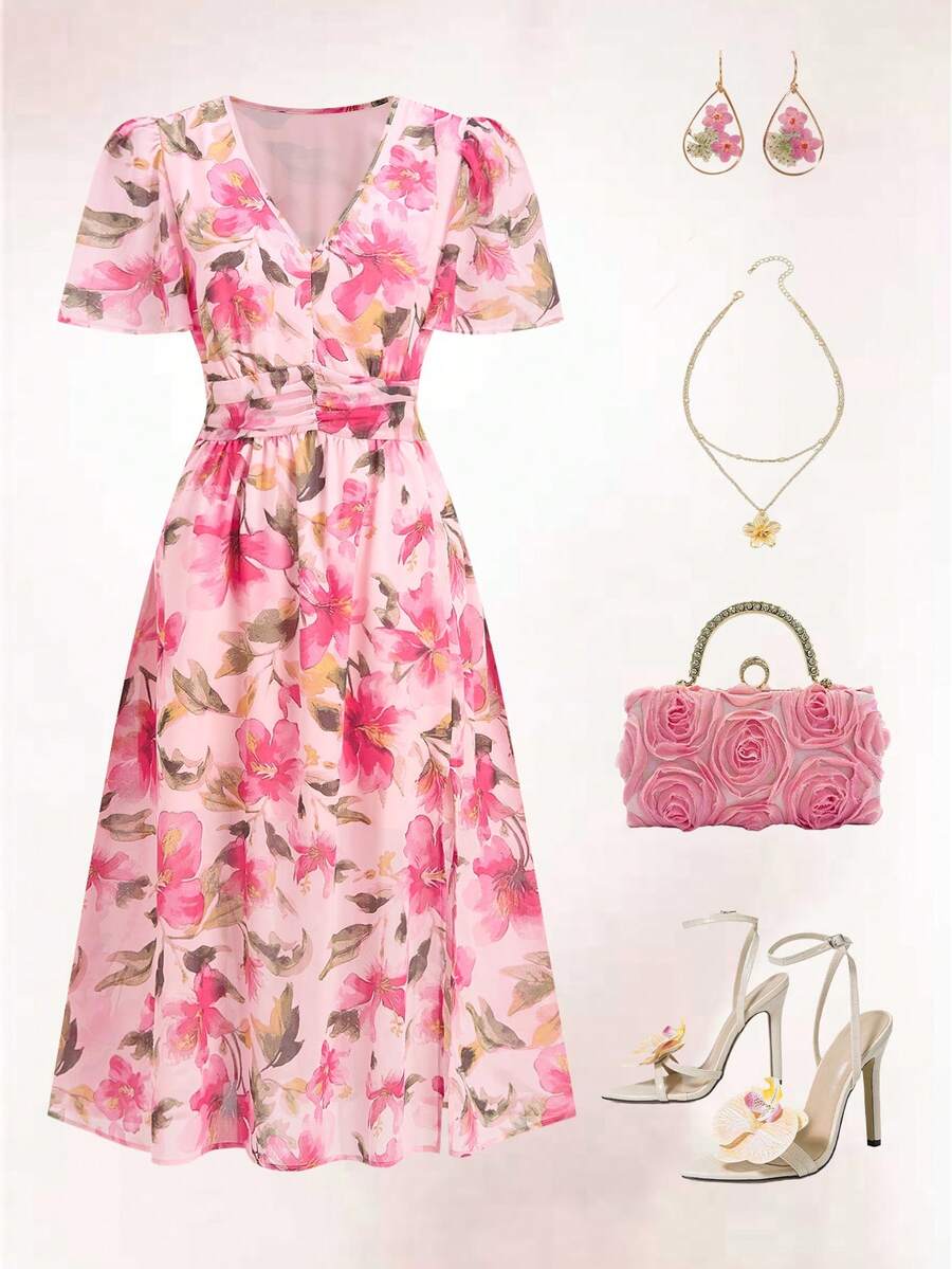 Ellevyn Women's Elegant Floral Print V-Neck Puff Sleeve Ruched Waist Vacation Dress - Baby Pink - View 1