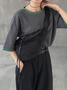 FRIFUL 女士休闲宽松撞色圆领短袖T恤，春夏百搭 - 灰色 - 查看 6