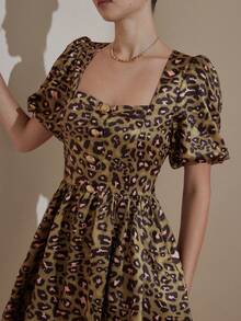 Chiquease Green Base Leopard Print Square Neck Petal Sleeve Peplum Mini Skirt, Sweet & Cute Girly Meets Wild Leopard Print, Suitable For Party & Date, Random Print - Multicolor - View 5
