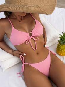 Swim Basics Women's Solid Color Spaghetti Strap Wireless Top And Side Tie Bikini Bottom Set, Summer Vacation - Pink - View 1