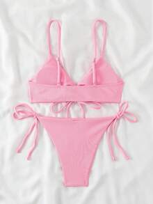 Swim Basics Women's Solid Color Spaghetti Strap Wireless Top And Side Tie Bikini Bottom Set, Summer Vacation - Pink - View 2