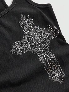 ROMWE Street Life Áo camisole bó sát in họa tiết chữ thập phong cách grunge đính đá. - Màu xám đen - Xem 3