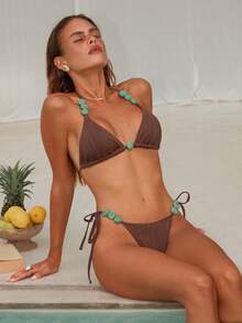 Swim Chiccia Conjunto de bikini casual de mujer de color marrón café con Bottom con lazos laterales y parte superior de tirantes finos. Conjunto de traje de baño de dos piezas marrón acanalado para mujer. - Café integral - Ver 5
