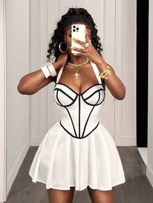 Summer Sexy Contrast Trim Ruched Hem Backless Halter Dress - White - View 4