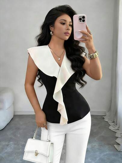 Elenzga Women's Colorblock Ruffle Trim Casual Elegant Blouse, Suitable For Work And Leisure, Summer