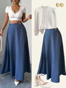 Elenzga 优雅复古风高腰喇叭裙，蓝色亚麻质感面料，金属扣装饰，舒适百搭，适合日常穿着 - 藍色 - 查看 1
