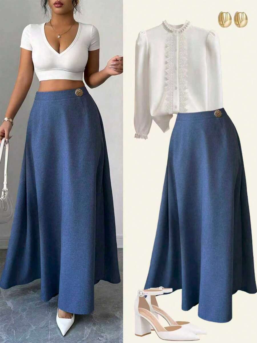 Elenzga 优雅复古风高腰喇叭裙，蓝色亚麻质感面料，金属扣装饰，舒适百搭，适合日常穿着 - 藍色 - 查看 1