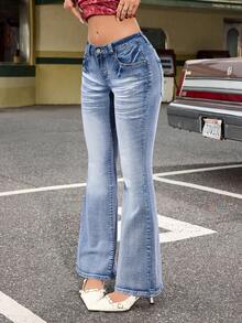 Jeanoix Women's Fashion Casual Y2K Washed Skinny Flare Jeans - Dark Wash - View 3