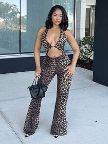 Alexandranx 女式街头时尚豹纹深V领无袖弹力紧身连衣裤 - 彩色 - 查看 6