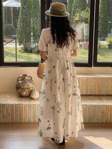 FRIFUL 女士印花圆领短袖收腰喇叭下摆宽松休闲连衣裙婚礼宾客礼服吊带裙 - 彩色 - 查看 2
