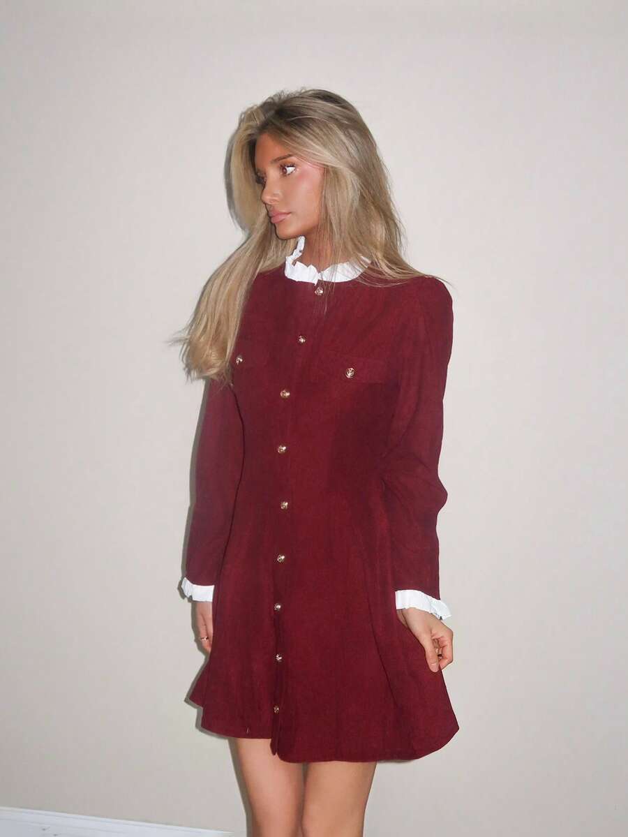 Sydney Algeri Gaun Lengan Panjang Elegan dengan Kerah Tegak dan Kancing Depan, Warna Kontras, Warna Burgundy, Pakaian Wanita untuk Musim Gugur - Burgundy - View 1